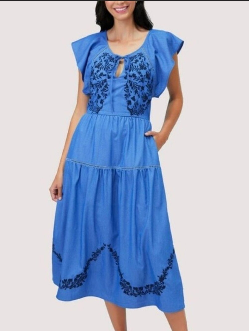 Lost + Wander Blue Riveria Blue Embroidered Tiered Midi Dress Anthropologie